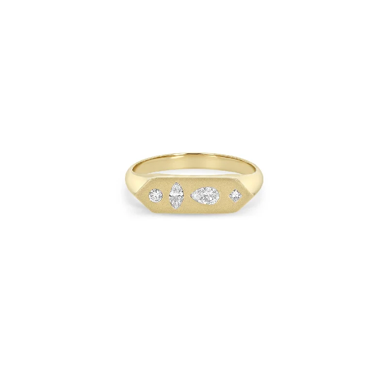 Exclusive Jewelry Sale Event – Shop Now 14k Diamond Mosaic Brushed Gold Elongated Hexagon Signet Ring
