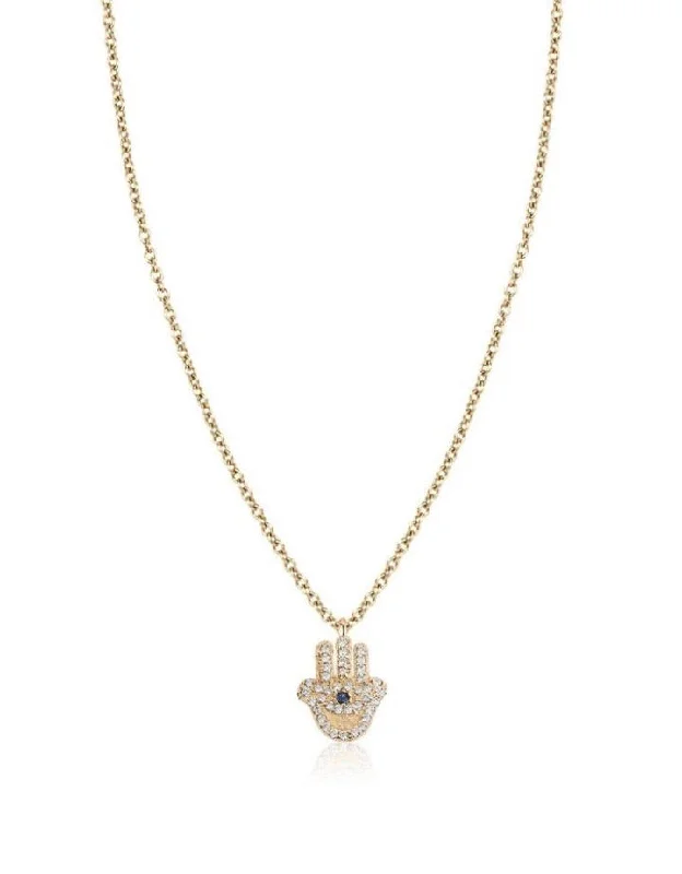 Special Deals On Handcrafted And Designer Jewelry Diamond & Blue Sapphire Hamsa Necklace Yellow