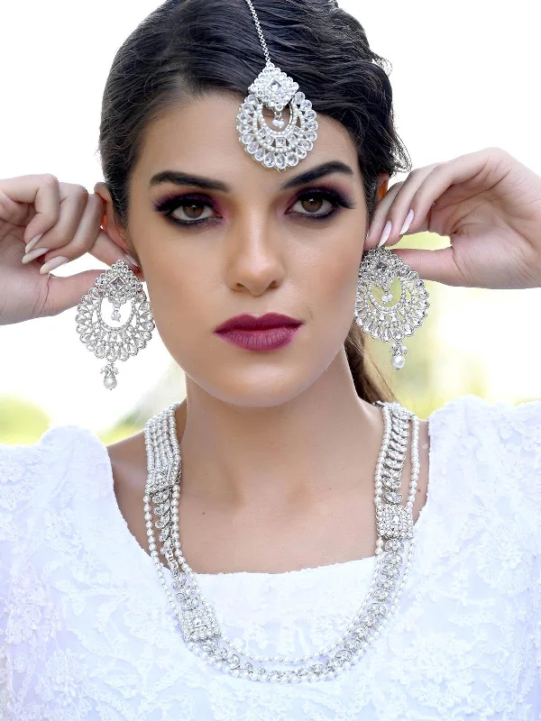Elegant Jewelry Pieces At Unbelievable Prices Odette Women White Long Necklace With Maangtikka Set Elegant Jewelry Pieces At Unbelievable Prices Odette Women White Long Necklace With Maangtikka Set