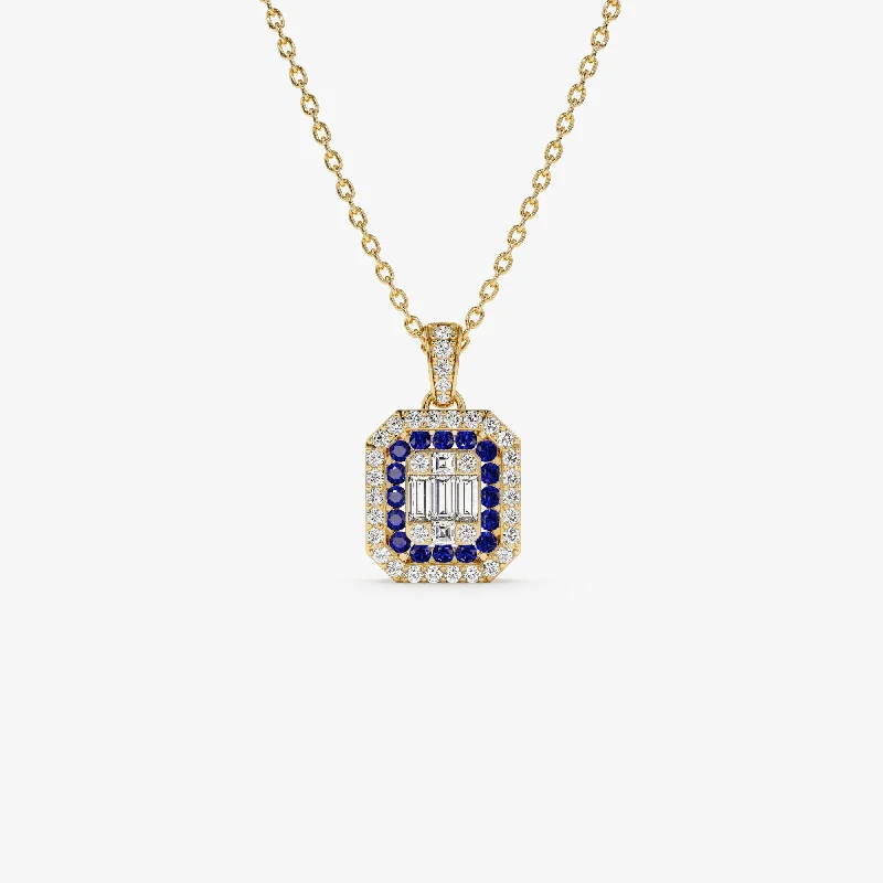 Luxury Jewelry Now At Special Promotional Rates 14k Baguette and Round Sapphire Necklace with Halo Setting