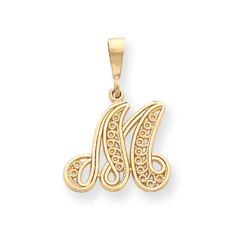 Handmade Pearl Jewelry For Timeless Elegance 14k Yellow Gold, Maci Collection, LG Filigree Script Initial M Pendant