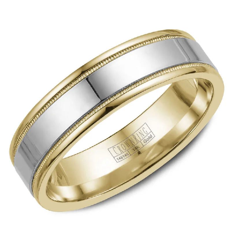 Elegant Designs, Unbeatable Discounts – Shop Jewelry Now CrownRing 6MM Yellow Gold Wedding Band with White Gold Center and Milgrain Detailing WB-6912