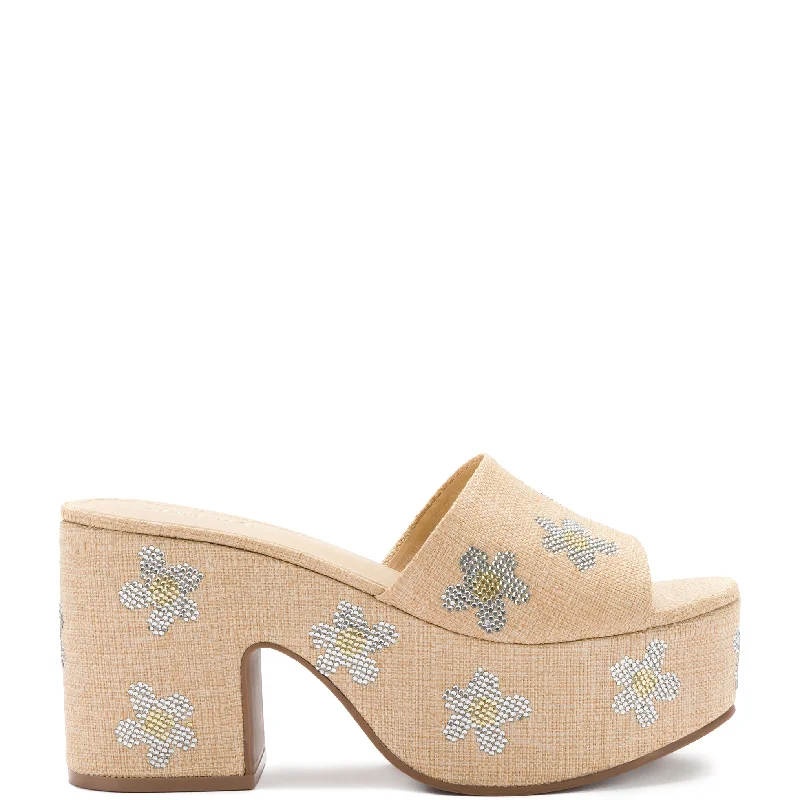 Classy Style Discounts Miso Platform Sandal In Beige Raffia and Floral Crystals