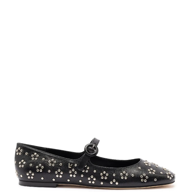 Crazy Price Slashing Blair Ballet Flat In Black Leather and Metallic Studs