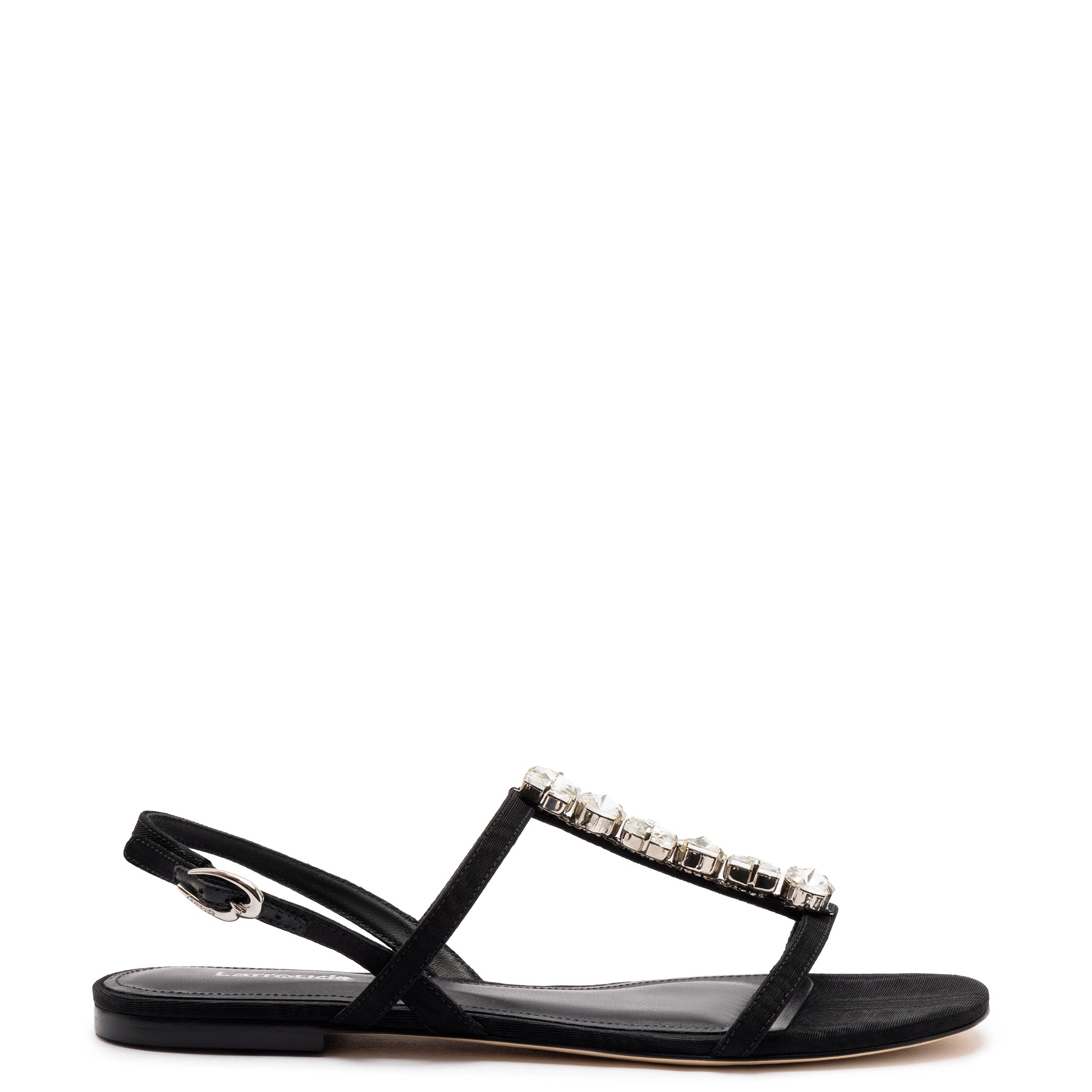 Sustainable Fashion Extravaganza Calypso Flat Sandal In Black Fabric and Crystals