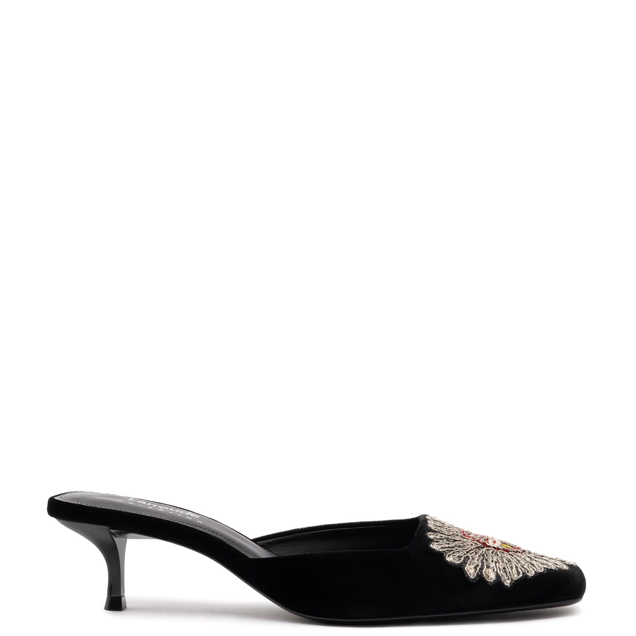 Women's Statement Shoes Larroudé x Markarian Mule In Black Velvet and Heart Embroidery