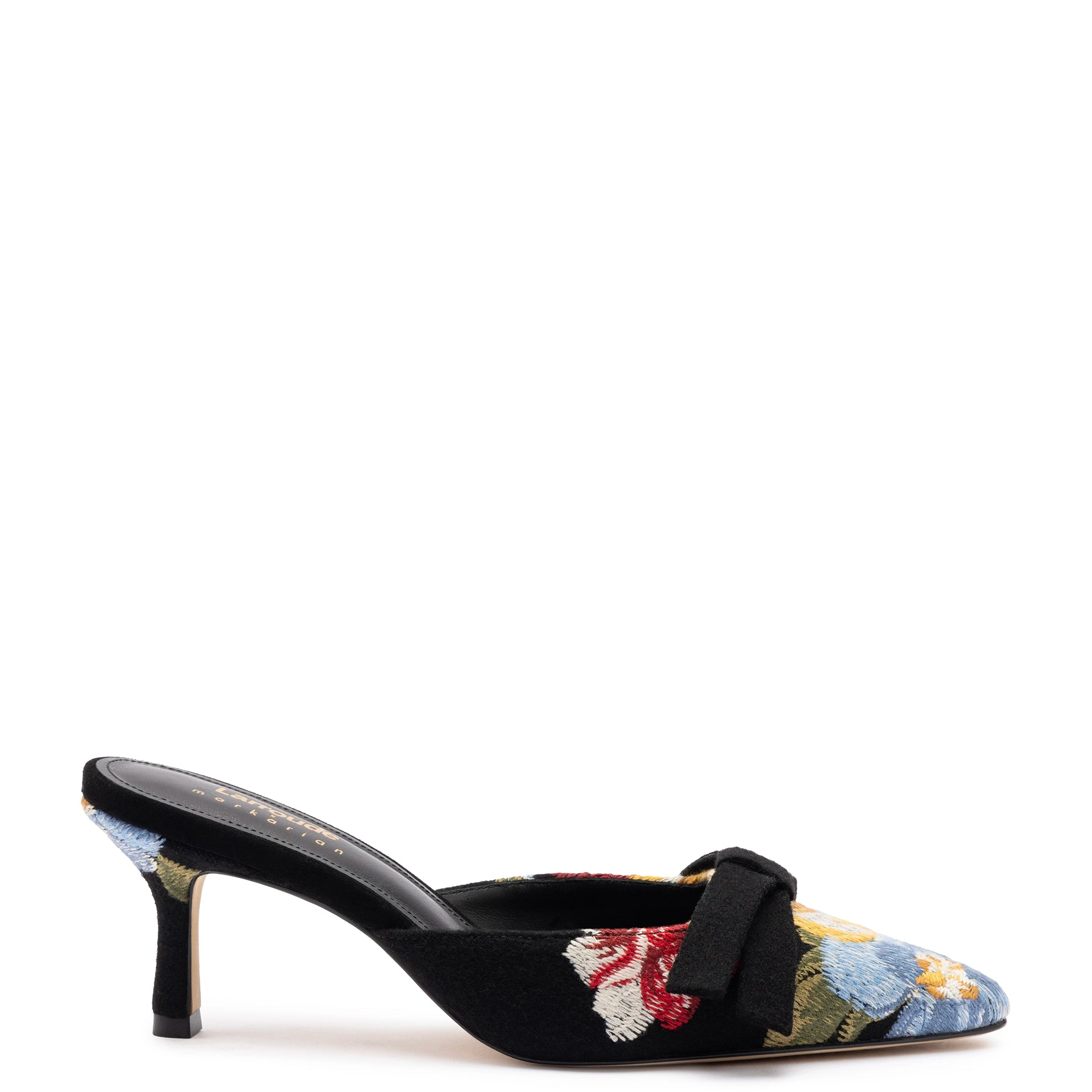 Women's Designer Boots Larroudé x Markarian Mule In Black Wool and Floral Embroidery