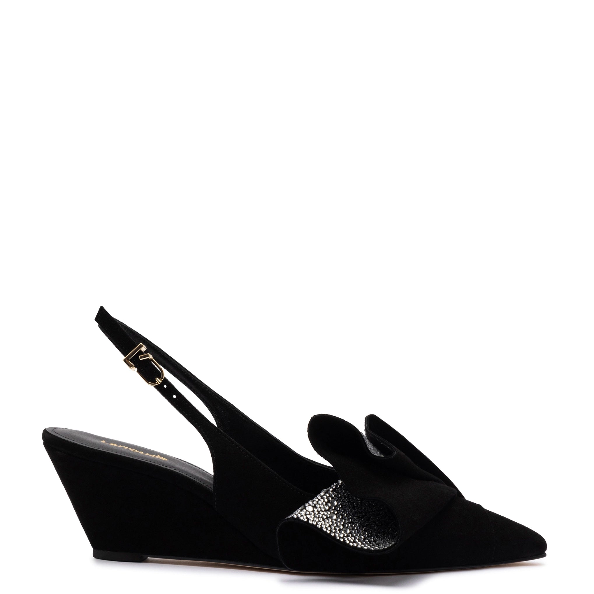 All-Season Shoes Deal Loulou Ruffle Pump In Black Suede and Crystals