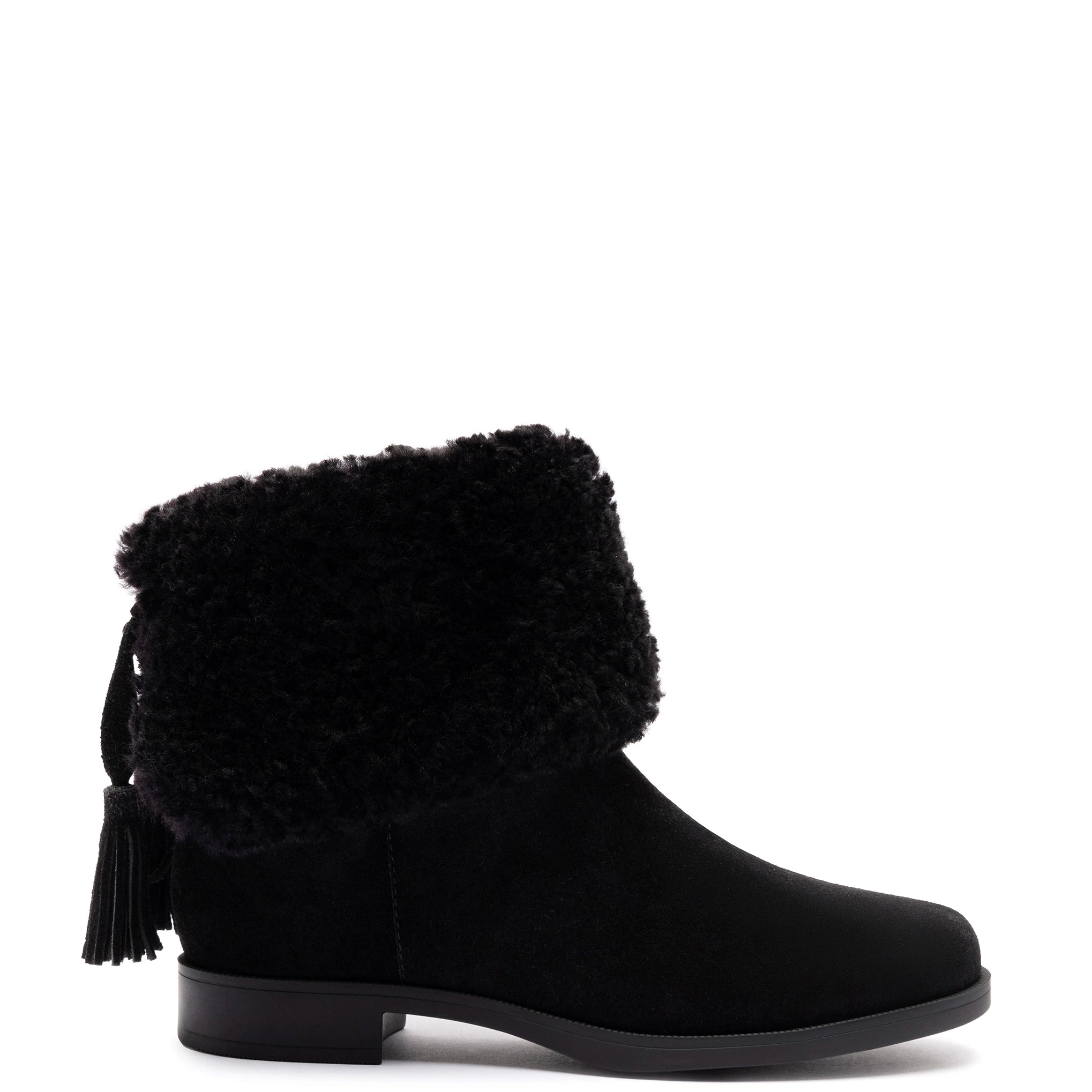 Vintage-Inspired Shoes Deal Verbier Bootie In Black Suede and Black Shearling