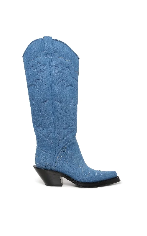 Step Ahead, Lead The Trend Capitana Cowboy Boot in Light Blue Recycled Cotton Linen Denim