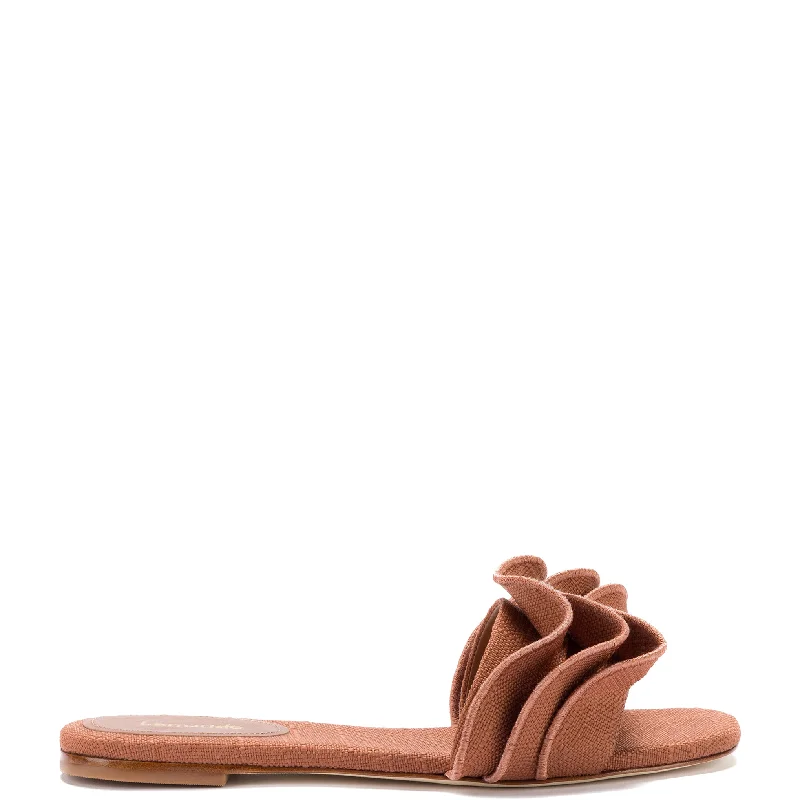 Bold Style Discounts Ivy Ruffle Flat Mule In Caramel Raffia