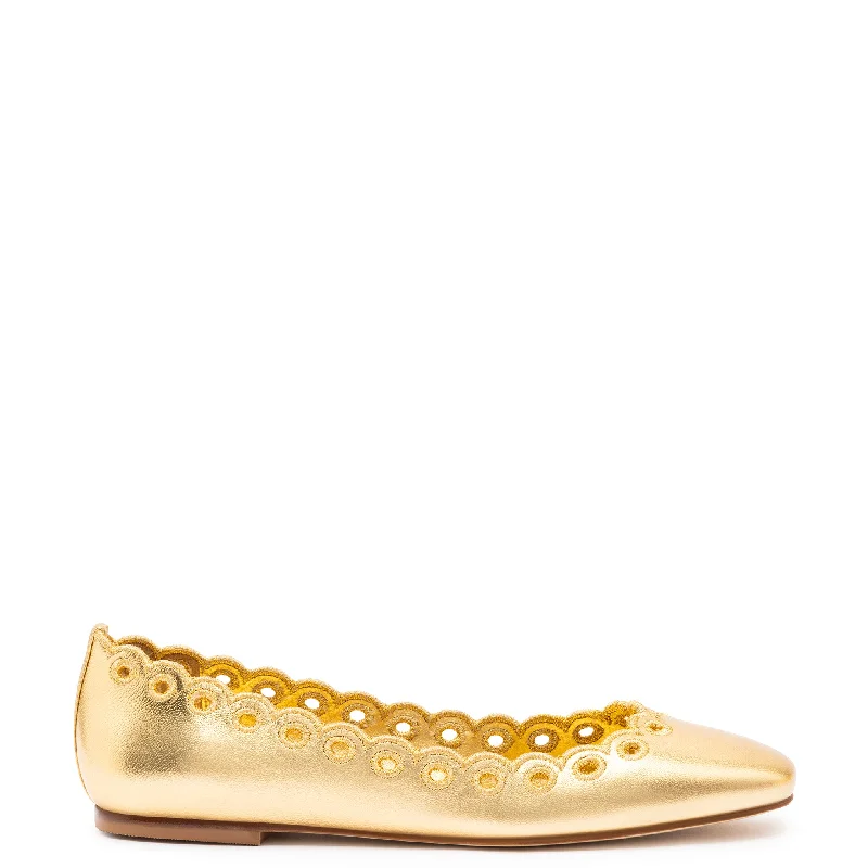 Sleek Versatile Footwear Meghan Broderie Flat In Gold Metallic Leather