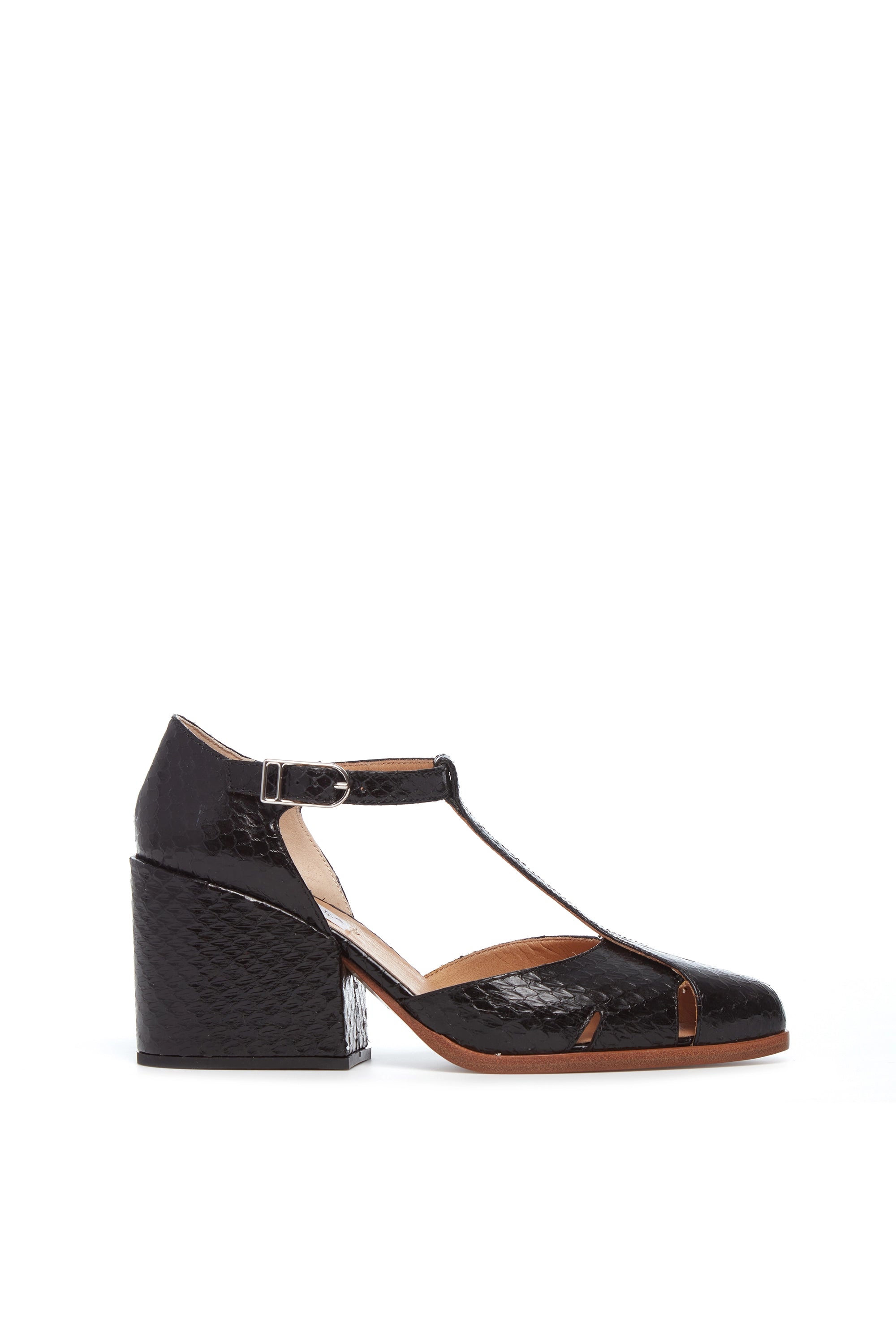 Formal Shoes Clearance Hawes T-Strap Heel in Black Snakeskin
