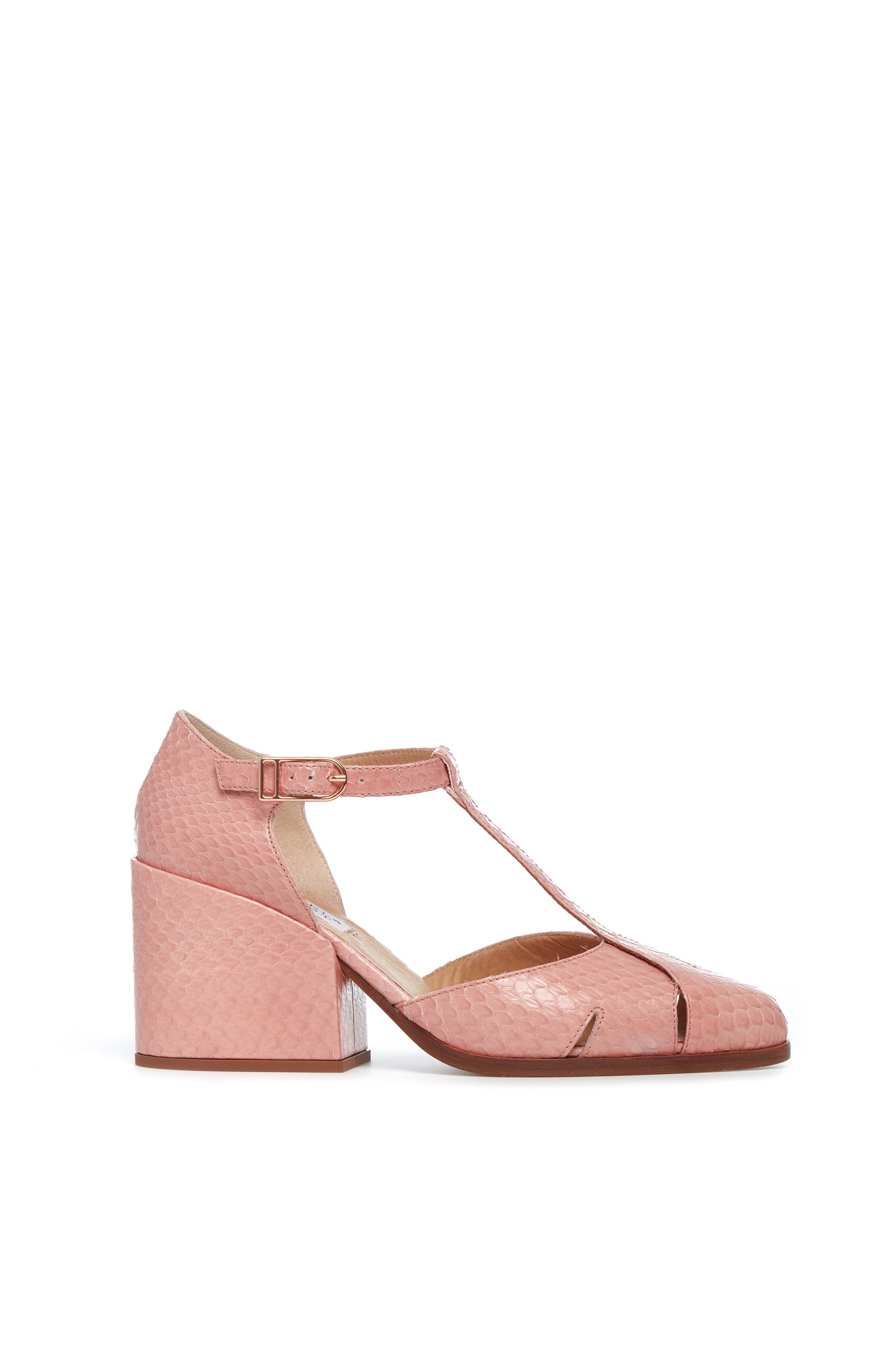 Breathable Shoes Discount Hawes T-Strap Heel in Light Pink Snakeskin