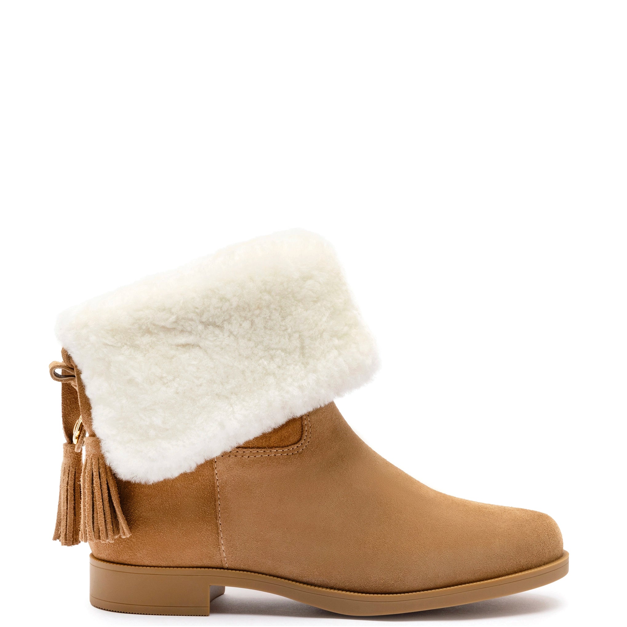 Travel-Friendly Footwear Promotion Verbier Bootie In Peanut Suede and Natural Shearling