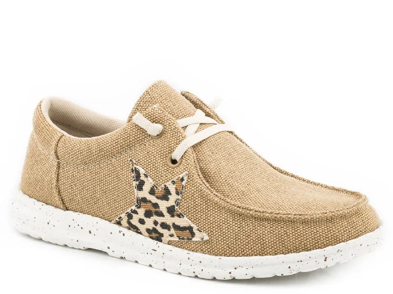 Relaxed Style Deals Roper Girls Kids Tan Fabric Hang Loose Leopard Star Loafer Shoes