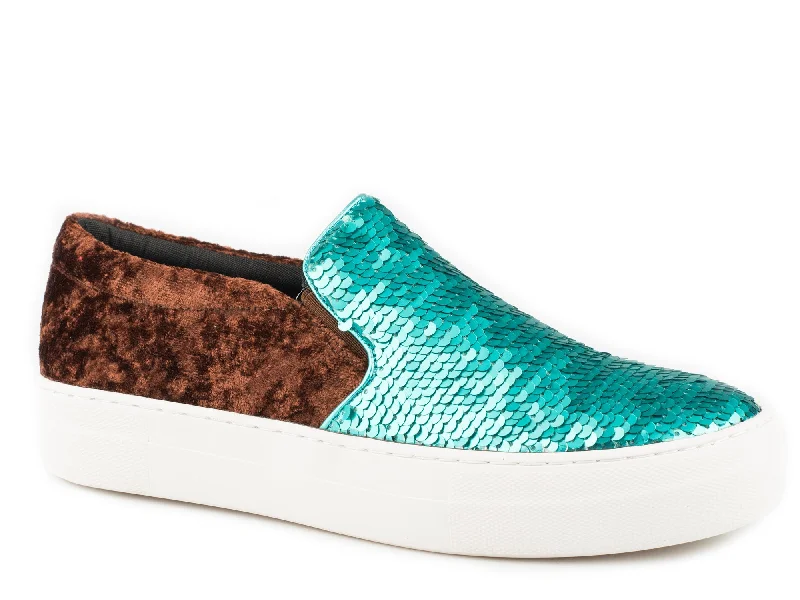 Trendy Looks On Sale Roper Sequins Womens Turquoise/Silver Fabric Darcy Loafer Shoes