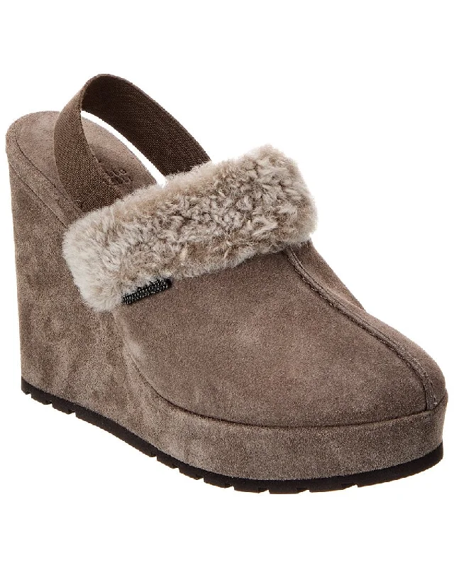 Classy Style Discounts Brunello Cucinelli Suede Platform Wedge Slingback Sandal